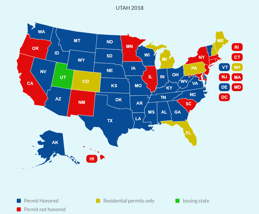 Utah conceal carry weapons permit reciprocity map